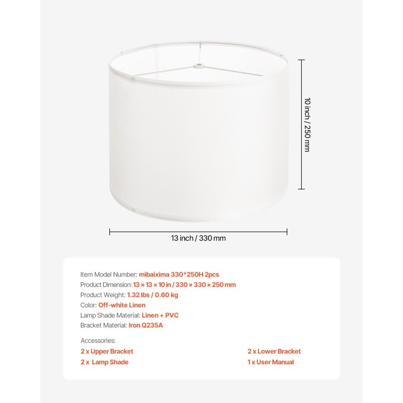 Rumpumallinen pellavavarjostin 2 kpl 330×330×250 mm teräsrunko muovinen sisäpinta yhteensopiva yleisiin lampunkantoihin