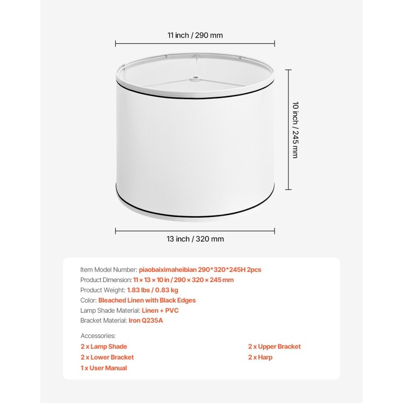 Pellavavarjostinsetti 2 kpl valkaistua pellavaa ja muovia mustareunaiset 290×320×245 mm