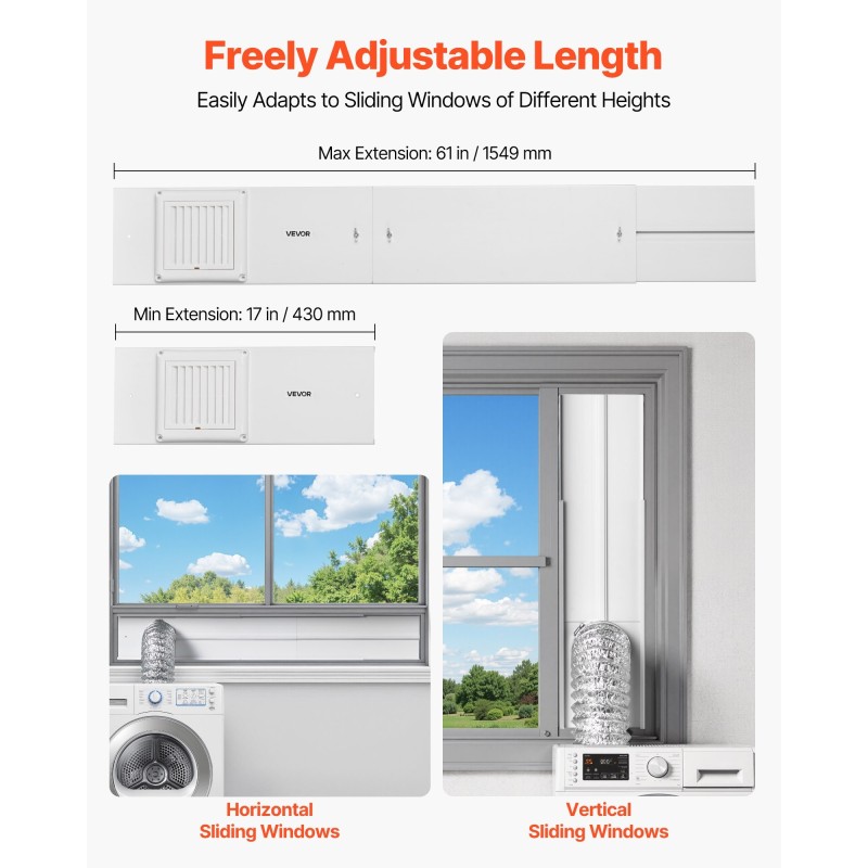 Kuivausrummun 4 tuuman poistoputken ikkunasarja liukuikkunoihin PVC ja PP säädettävä 430–1549 mm