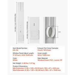 Kuivausrummun 4 tuuman poistoputken ikkunasarja liukuikkunoihin PVC ja PP säädettävä 430–1549 mm