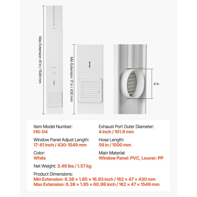 Kuivausrummun 4 tuuman poistoputken ikkunasarja liukuikkunoihin PVC ja PP säädettävä 430–1549 mm