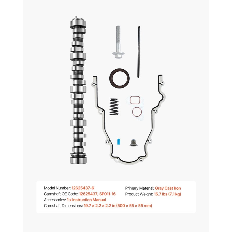 9-osainen nokka-akseli ja työntötankosarja harmaasta valuraudasta 1999–2013 GM Gen3/4 lava-autoihin LS 4.8–6.2L