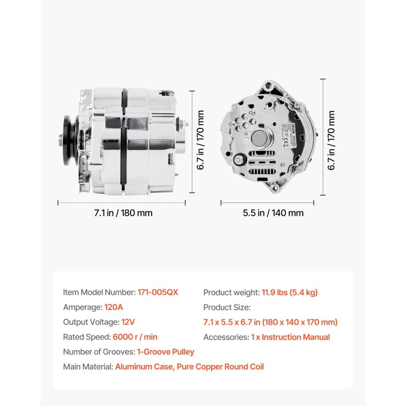 Autolaturi autoon 120 ampeeria alumiinikotelolla puhdas kuparikäämi