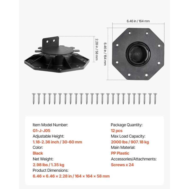 Raskaan käytön terassijalkasarja PP-muovi säädettävä 30–60 mm 12 kpl musta