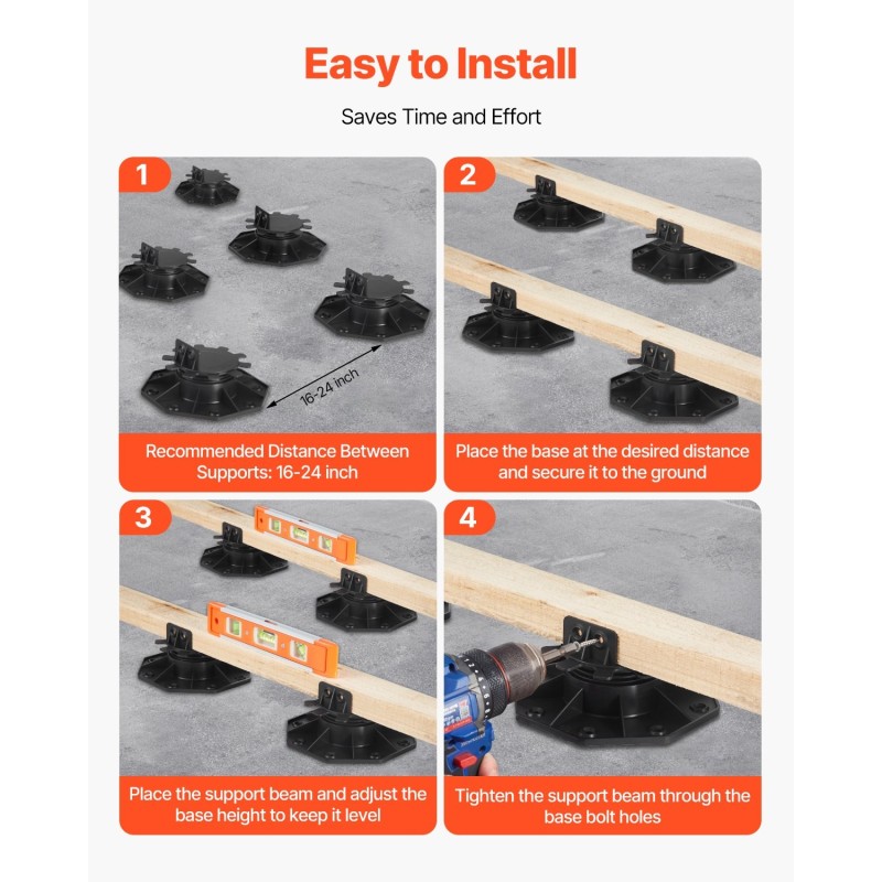 Terassijalkatuki PP-muovinen säädettävä 30–60 mm 24 kpl 907 kg ulkokäyttöön