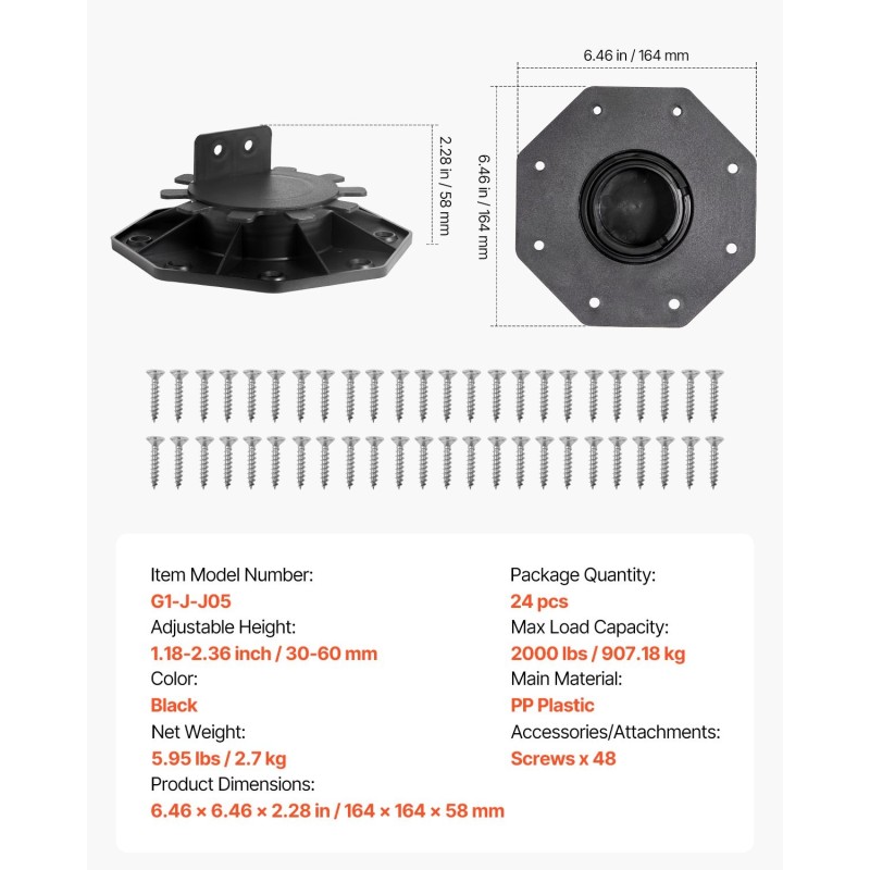 Terassijalkatuki PP-muovinen säädettävä 30–60 mm 24 kpl 907 kg ulkokäyttöön