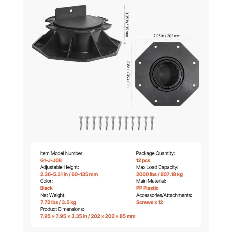 Terassijalusta PP-muovinen säädettävä 60–135 mm 12 kpl 907 kg