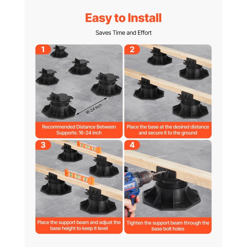 Säädettävät PP-muoviset terassin tukijalat 60–135 mm 24 kpl musta