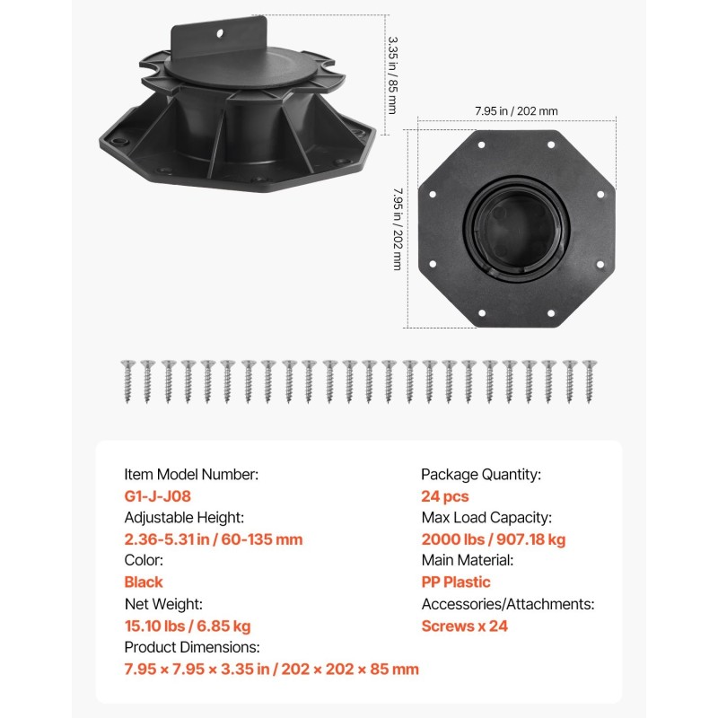 Säädettävät PP-muoviset terassin tukijalat 60–135 mm 24 kpl musta