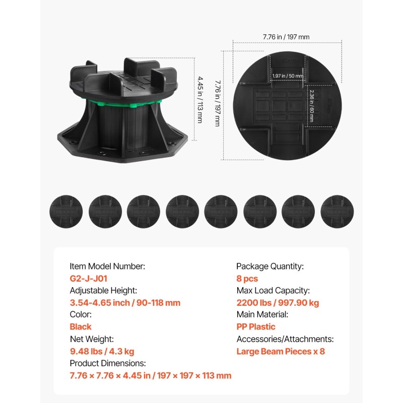 Säädettävä terassin tukijalka PP-muovi 90–118 mm 8 kpl ulkokäyttöön