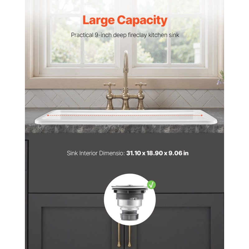 Keittiöallas tulenkestävästä savesta 84 cm syvä maatilatyylinen valkoinen kaksinkertainen lasitepinta