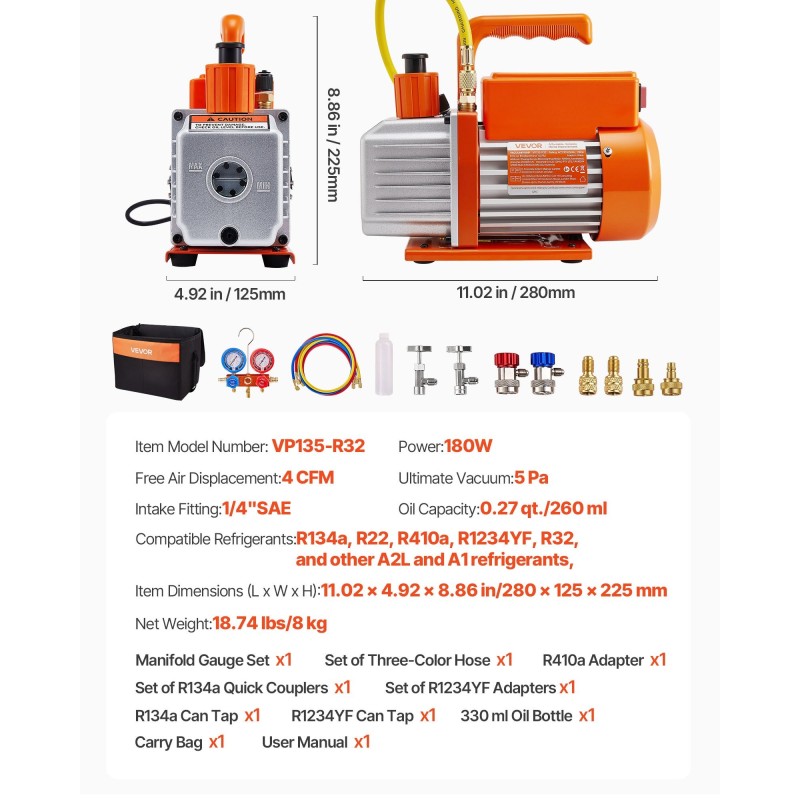 AC-vakuumipumppu 115 L/min yksivaiheinen pyörösiipi monimittarisarjalla vuototunnistimella kantolaukulla