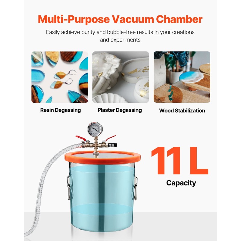 Tyhjiökammio ja yksivaiheinen tyhjiöpumppu ruostumatonta terästä 11.36 litraa