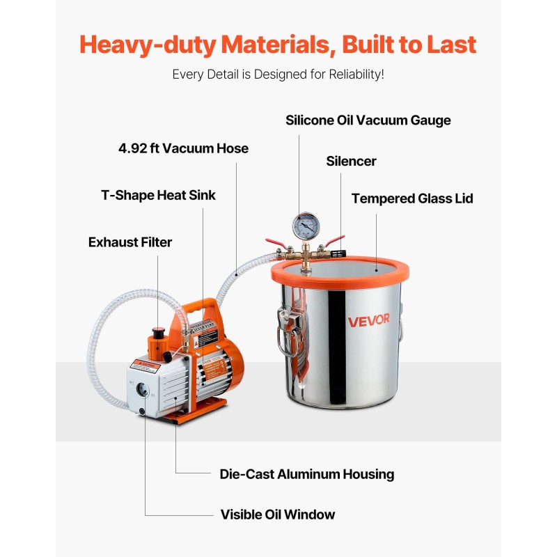 Tyhjiökammio ja yksivaiheinen tyhjiöpumppu ruostumatonta terästä 11.36 litraa