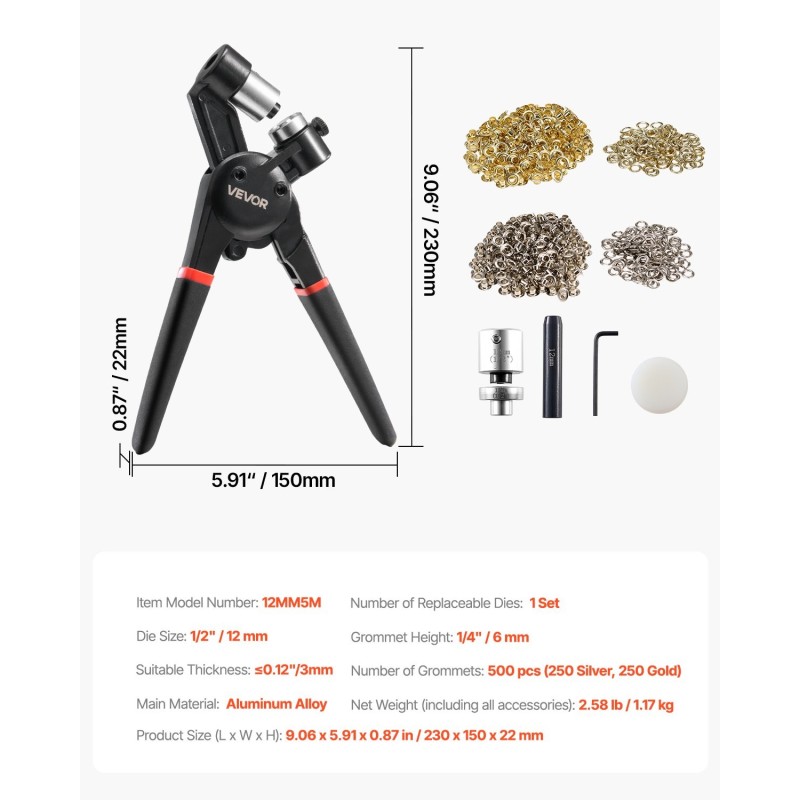 Purjerenkassarja alumiiniseosrunko 12 mm purjerenkaat 500 kpl nahka- ja kangasprojekteihin
