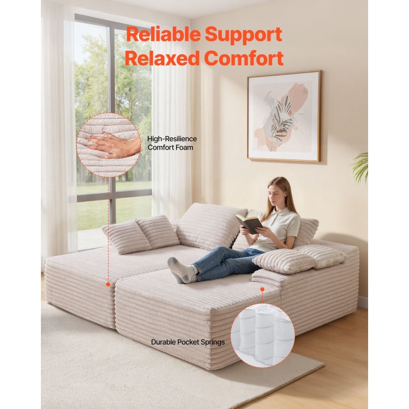 Divaanisohva vakosamettinen modulaarinen 2100 mm leveä kaksipaikkainen beige