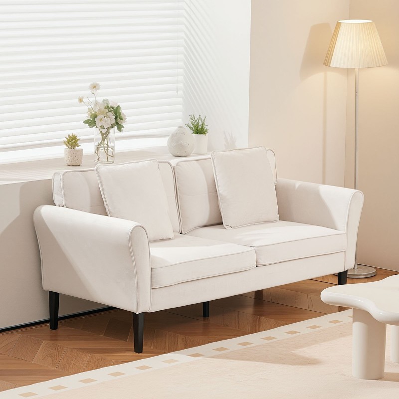 kaksipaikkainen samettisohva valkoinen kompakti tukevarunkoinen pieniin asuntoihin