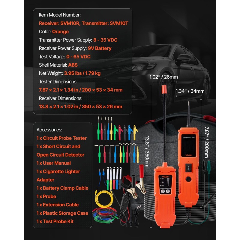 Ajoneuvojen virtapiiritesteri 5 testitilaa TFT värinäyttö fosforipronssikoetin ABS-kuori 6 m jatkokaapeli