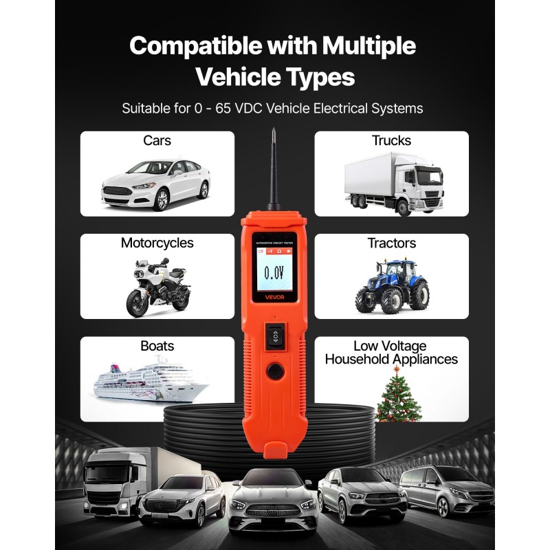 Ajoneuvojen virtapiirintesteri värinäyttö 4 testitilaa muovikuori fosforipronssinen kärki 4 metrin johto