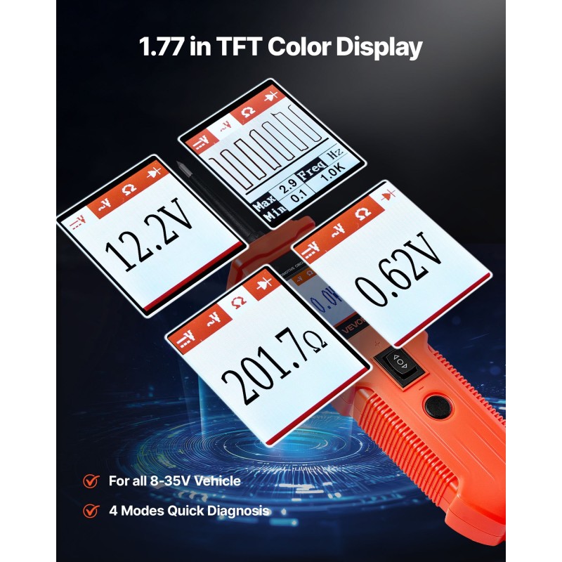 Ajoneuvojen virtapiirintesteri värinäyttö 4 testitilaa muovikuori fosforipronssinen kärki 4 metrin johto