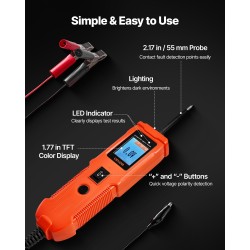 Ajoneuvojen virtapiirintesteri värinäyttö 4 testitilaa muovikuori fosforipronssinen kärki 4 metrin johto