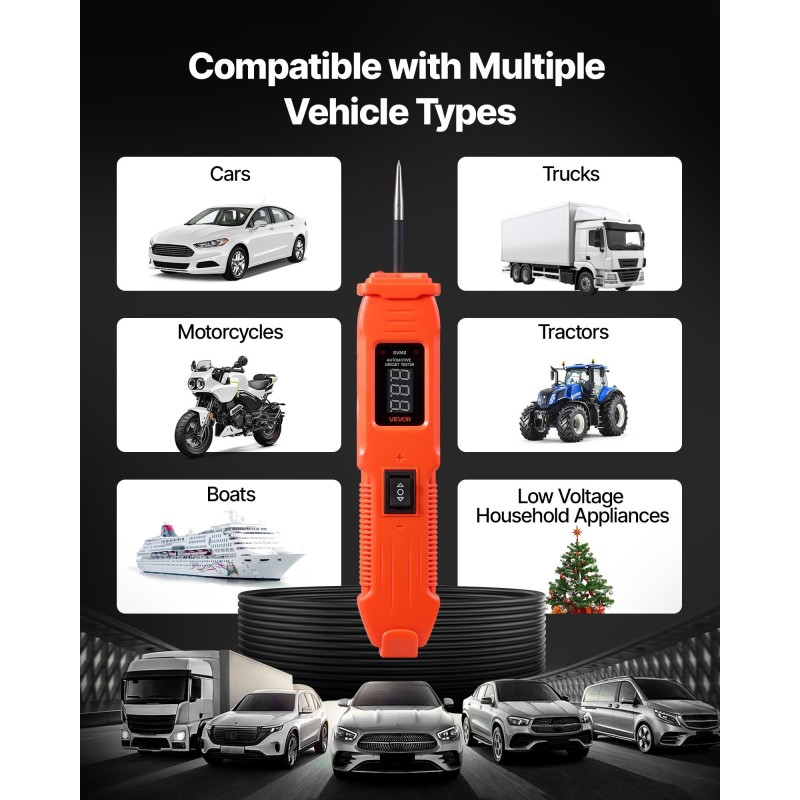 Ajoneuvojen piirientesteri ABS-kuorinen 6–36 V DC 4 m kaapelilla LED-näytöllä