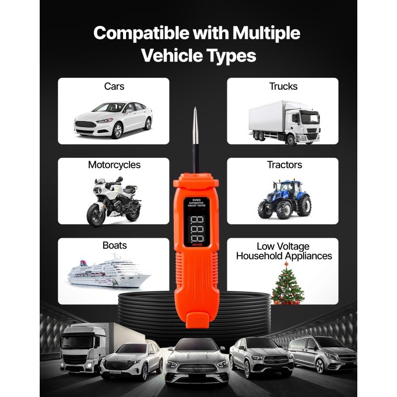 Virtapiiritesteri ajoneuvoille muovikuori 3,5 metrin kaapeli 3–72 voltin LED-näytöllä