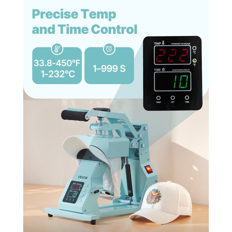 Hattupainokone HTV- ja sublimaatioille 4 vaihdettavaa hattualustaa digitaalinen lämpö- ja ajan säätö