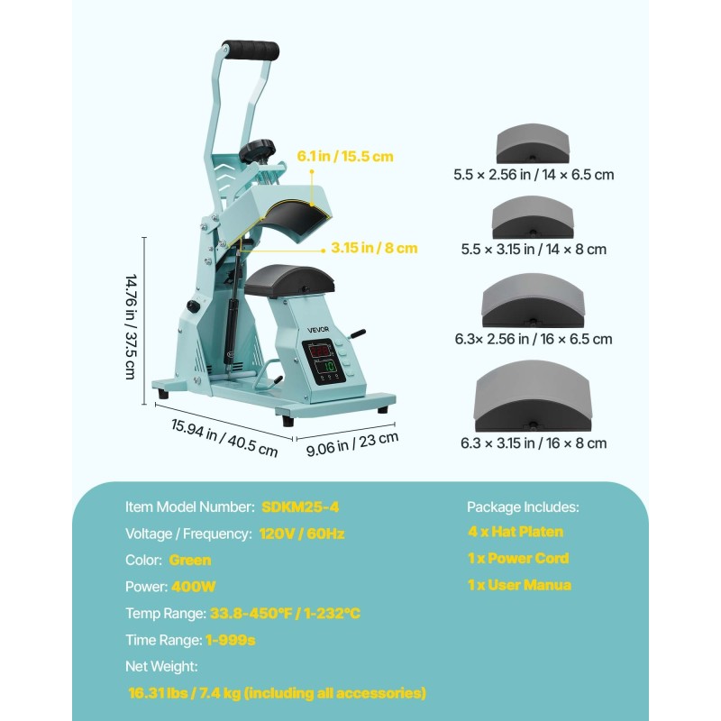Hattupainokone HTV- ja sublimaatioille 4 vaihdettavaa hattualustaa digitaalinen lämpö- ja ajan säätö