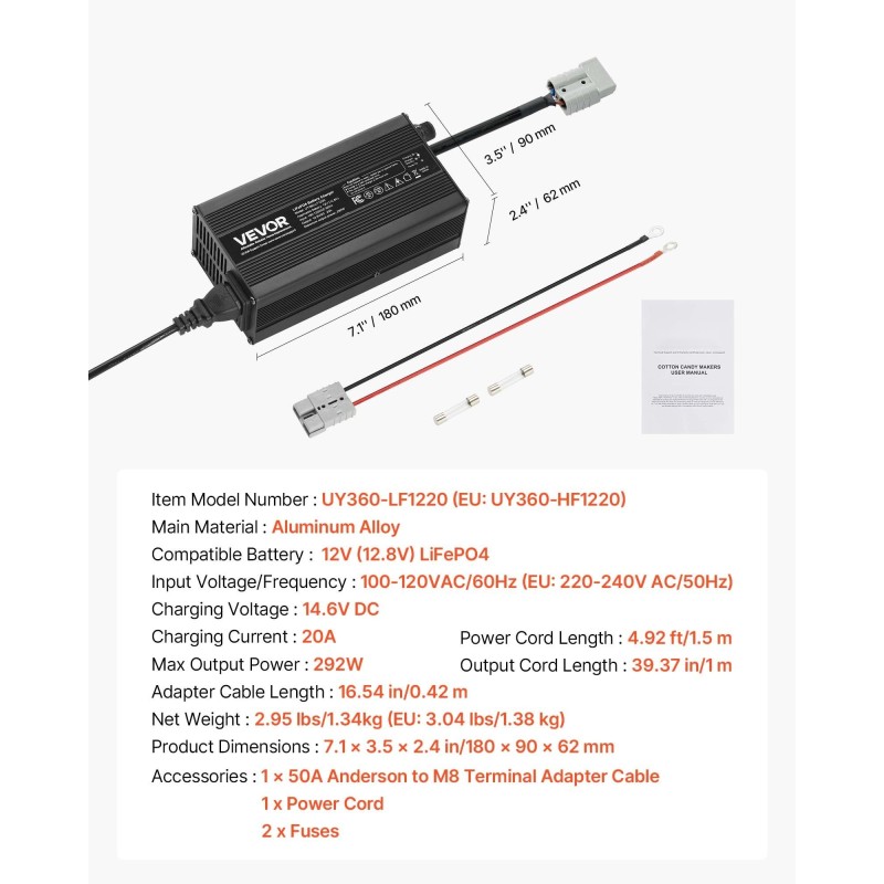 Litiumakkulaturi 12V 20A LiFePO4 alumiiniseosrunko Anderson liitin 0V aktivointi