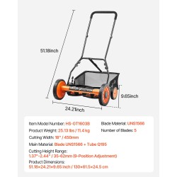 Työnnettävä kelaleikkuri 45 cm 5 terää käsikäyttöinen säädettävä leikkuukorkeus 35–62 mm ruohonkeruupussilla