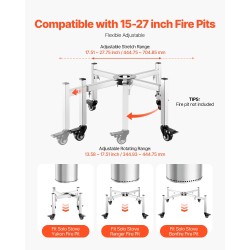Säädettävä tulisijan jalusta 430-ruostumattomasta teräksestä 38–68,6 cm pyörillä