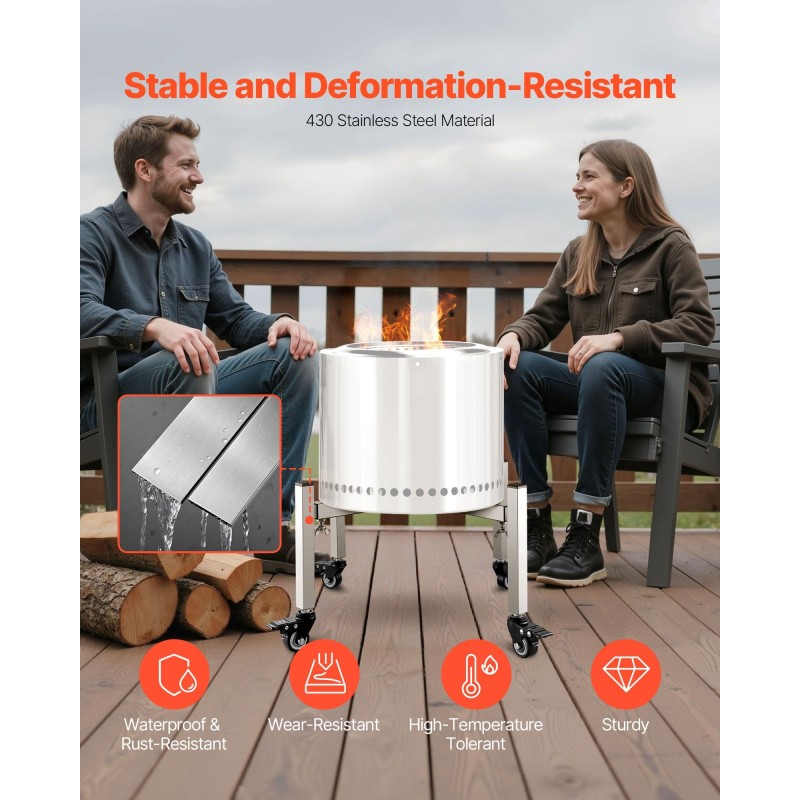 Säädettävä tulisijan jalusta 430-ruostumattomasta teräksestä 38–68,6 cm pyörillä