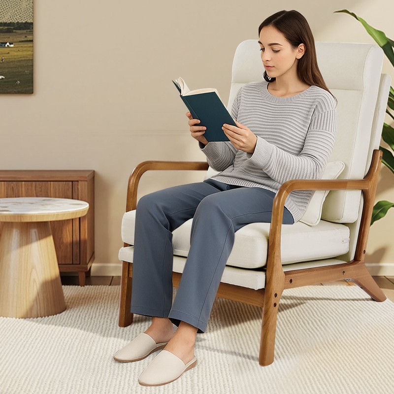 Nojatuoli massiivipuurungolla pellavaverhoilu 13,5 cm istuintyyny 150 kg kantavuus