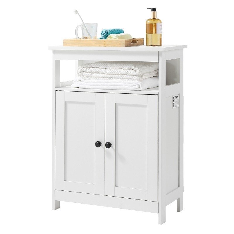 Lattialla seisova kylpyhuonekaappi 3-tasoinen valkoinen P2 MDF kaksi ovea säädettävä hylly