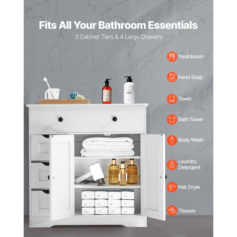 Lattialla seisova kylpyhuonekaappi MDF-levy valkoinen nelitasoinen kaksi ovea ja neljä laatikkoa