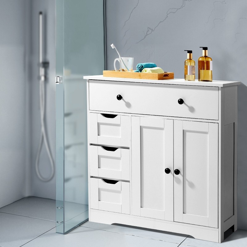 Lattialla seisova kylpyhuonekaappi MDF-levy valkoinen nelitasoinen kaksi ovea ja neljä laatikkoa