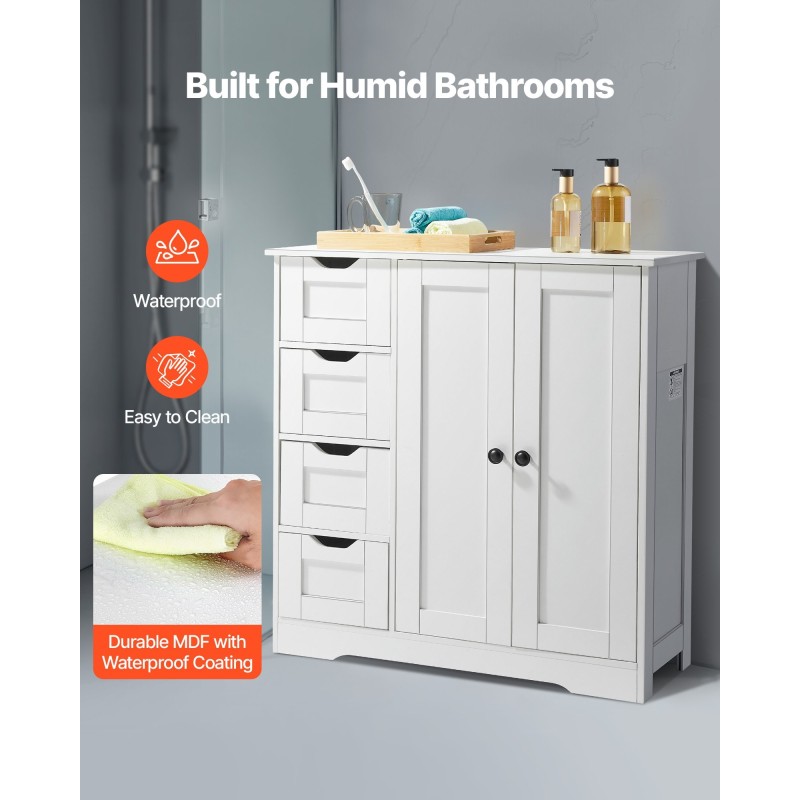 Kaappi lattialla seisova valkoinen P2 MDF-levy kylpyhuoneeseen 4 laatikkoa 3 hyllyä