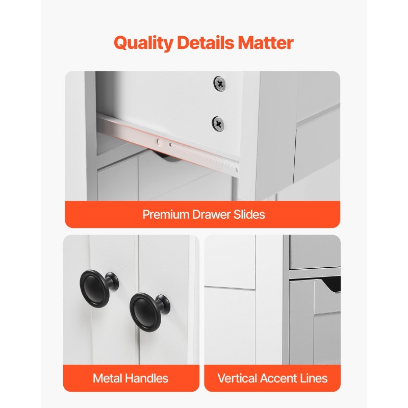 Kaappi lattialla seisova valkoinen P2 MDF-levy kylpyhuoneeseen 4 laatikkoa 3 hyllyä