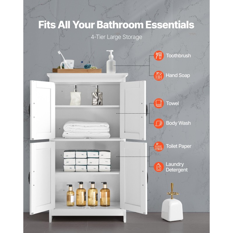 Lattialla seisova kaappi valkoinen 4-tasoinen P2 MDF kylpyhuoneeseen