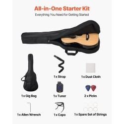 Akustinen dreadnought-kitara 39 tuumaa kuusikansi lehmusrunko ruusupuinen otelauta reppulaukku