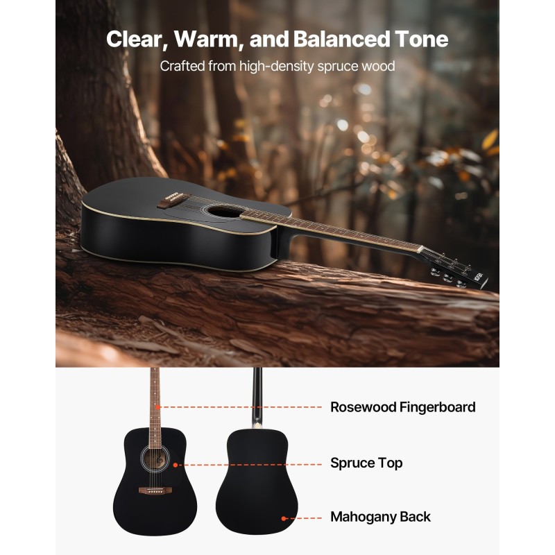 Akustinen dreadnought-tyyppinen kitara 41 tuumaa kuusikansi mahonkirunko ruusupuinen otelauta musta aikuisille aloittelijoille