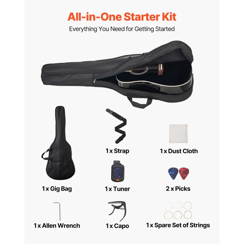 Akustinen dreadnought-tyyppinen kitara 41 tuumaa kuusikansi mahonkirunko ruusupuinen otelauta musta aikuisille aloittelijoille