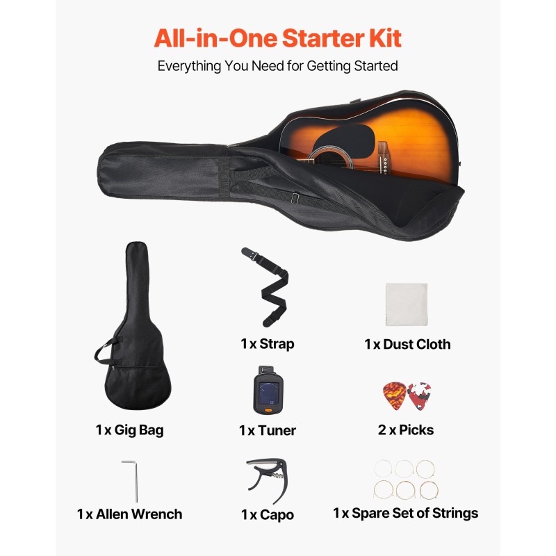 Dreadnought-akustinen kitara 41-tuumainen kuusikansi mahonki-sivut aloituspakkaus