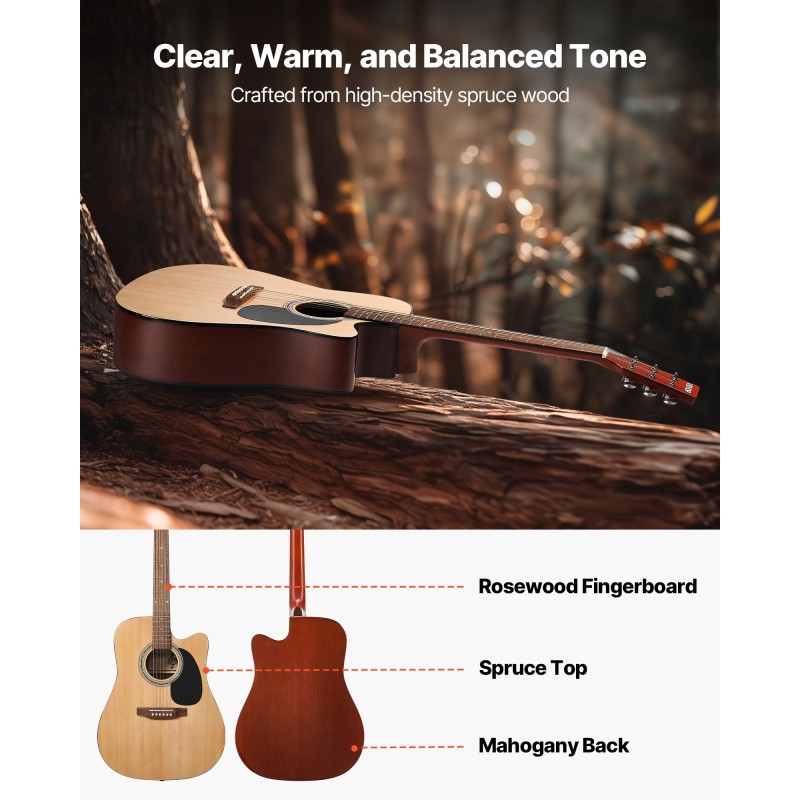 Akustinen kitara 41-tuumainen lovella varustettu kuusikansi mahonkinen pohja ruusupuinen otelauta