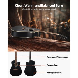 Akustinen kitara 41-tuumainen reunaleikkauksella kuusikansi mahonki pohja ruusupuu otelauta musta aloituspaketti