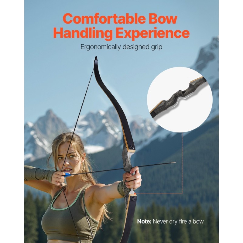 Puinen 1524 millimetriä pitkä vastakaarijousi ja nuolisetti oikeakätisille harjoitteluun