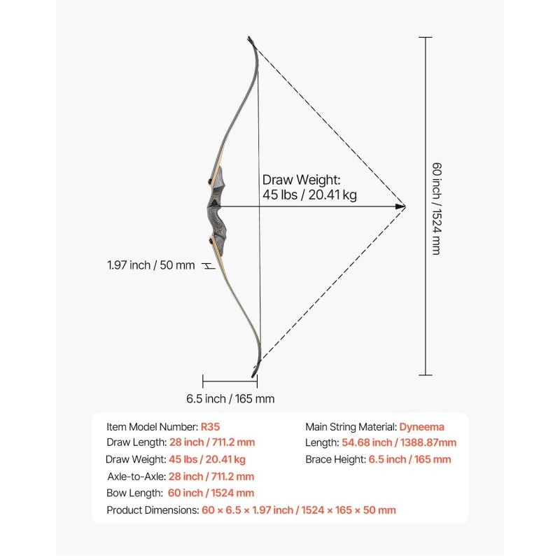 Puinen 1524 millimetriä pitkä vastakaarijousi ja nuolisetti oikeakätisille harjoitteluun