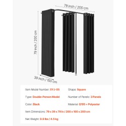Sovitushuone kaksihenkinen musta polyesteriverho rautarunko 200 x 100 x 200 cm
