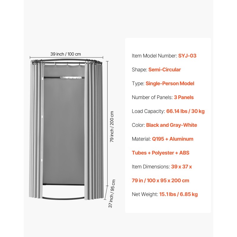 Sovitustila yhden hengen puolipyöreä polyesteriverholla ja metallirungolla